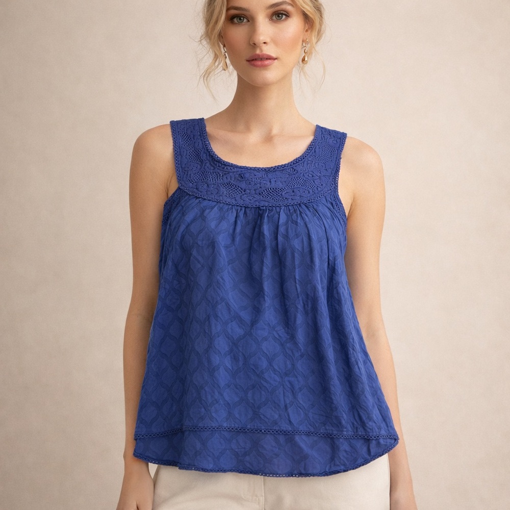 ModaPosa Blue Lace Sleeveless Blouse Women’s Boho Chic Top Size S